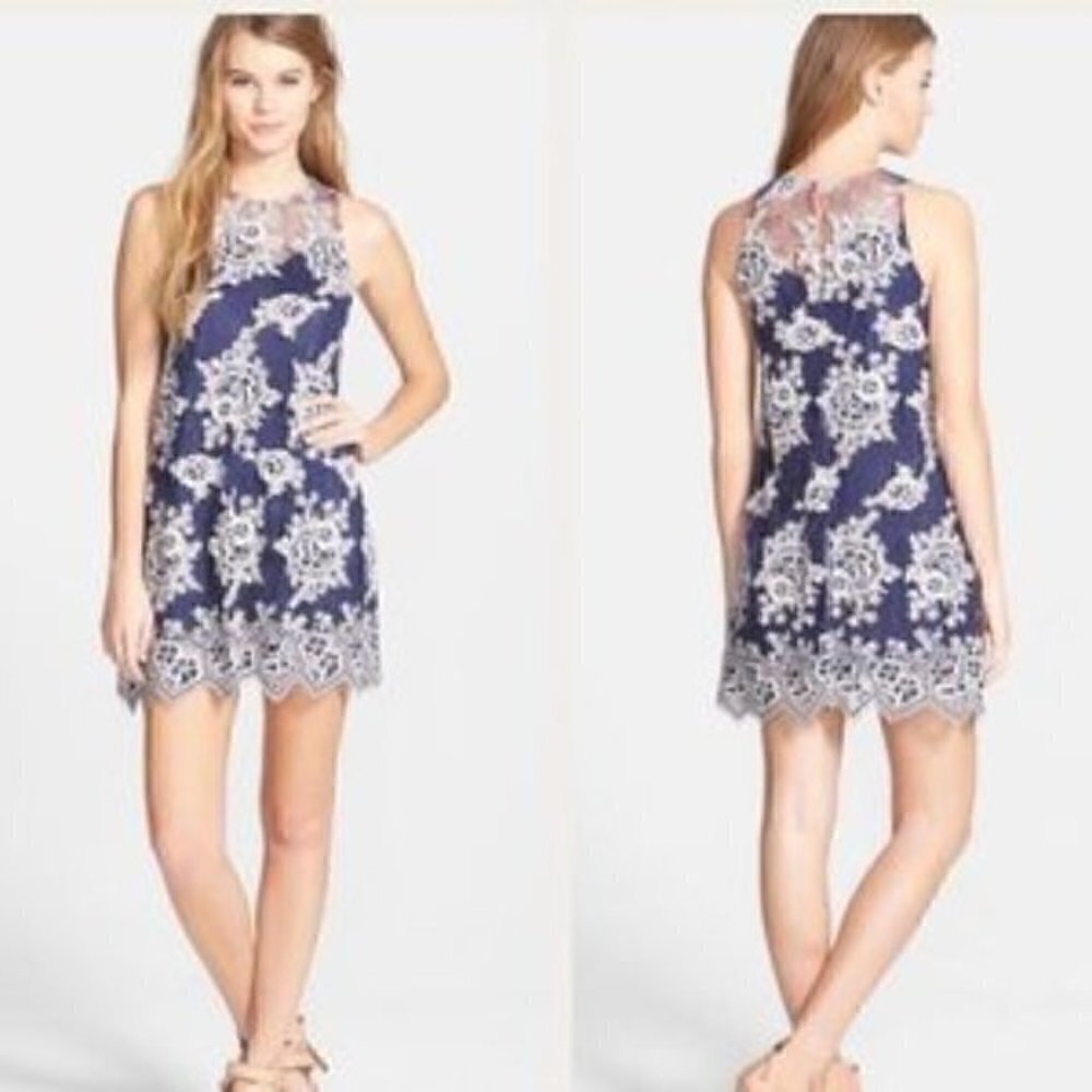 Taylor & Sage White Navy Lace Navy Overlay Dress